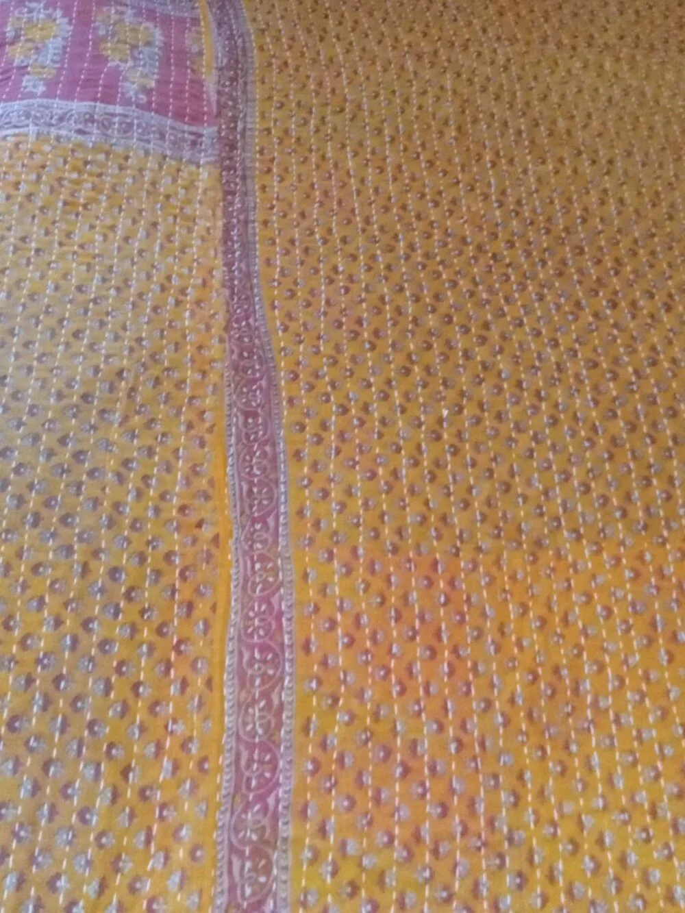 Kantha Quilt Hot Pink Green Premium 3 Layer Cotton Handmade In India K169.